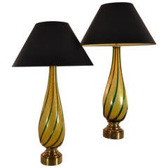 Pair of Tall Gold Infused Murano Glass Lamps