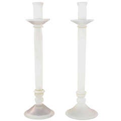 Retro Large Pair of Murano Scavo Glass Candlesticks