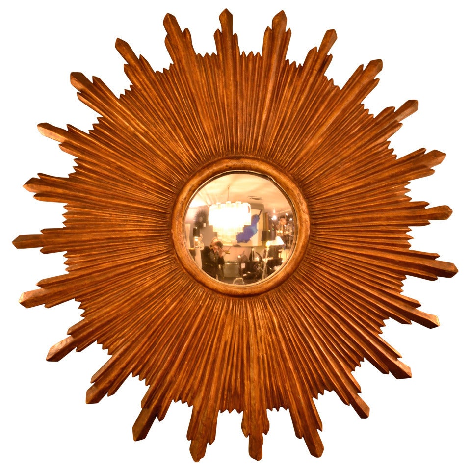 Large Wood Sunburst Mirror with Convex Mirror