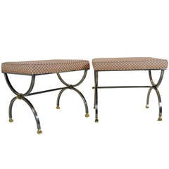 Vintage Pair of Brushed Steel and Brass Benches