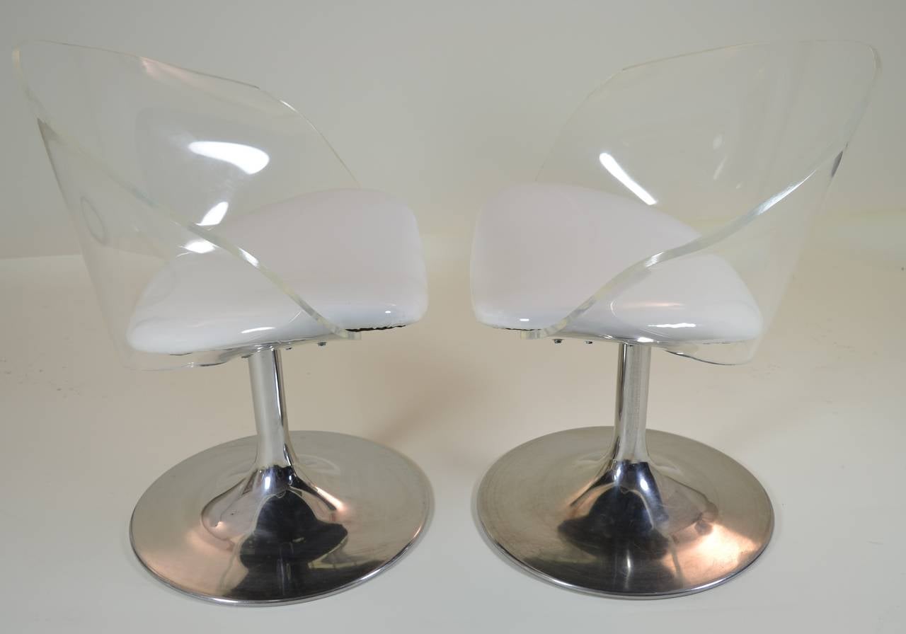 Lucite backs with chrome bases, newly upholstered in white patent 