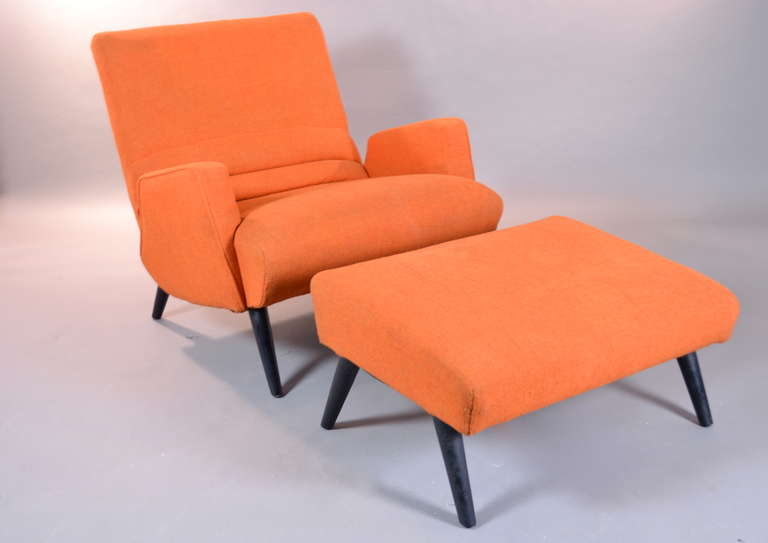Great form and quality construction in a vintage lounge chair with mathcing ottoman. Orignal orange upholstery worn but serviceable. Chair: 29wx36dx29h seat height 16