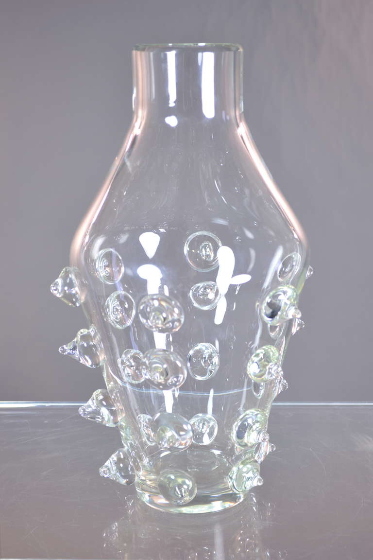 Applied decoration on a heavy, clear murano vase. SIgned Carlo Moretti Studio   and dated 11/3/91.