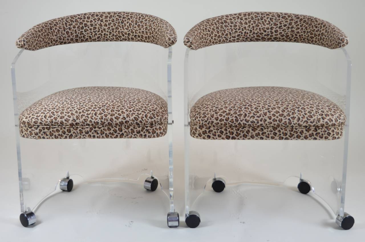 Late 20th Century Pair of Lucite Barrel Chairs with Leopard Print Seats