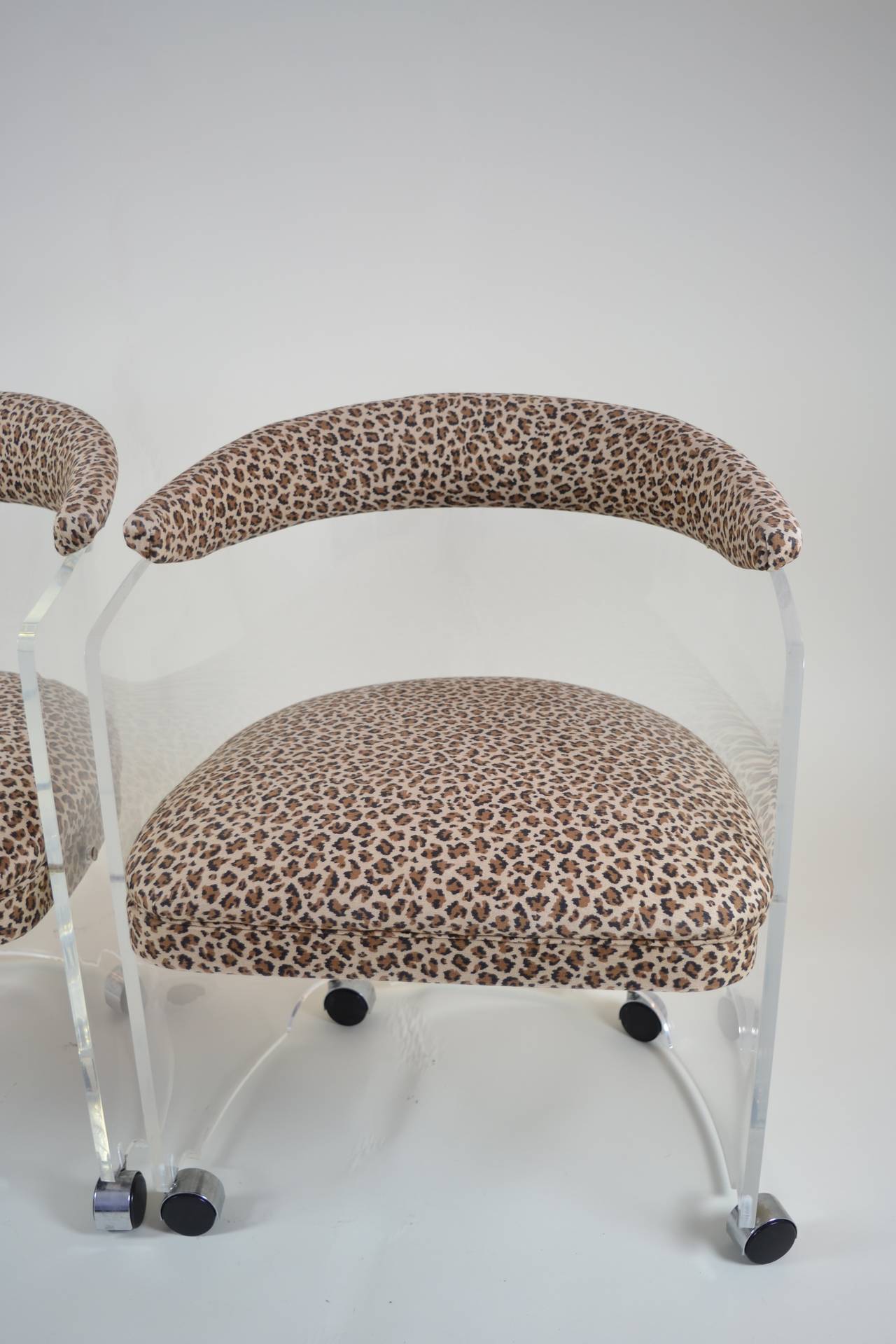 Pair of Lucite Barrel Chairs with Leopard Print Seats 1