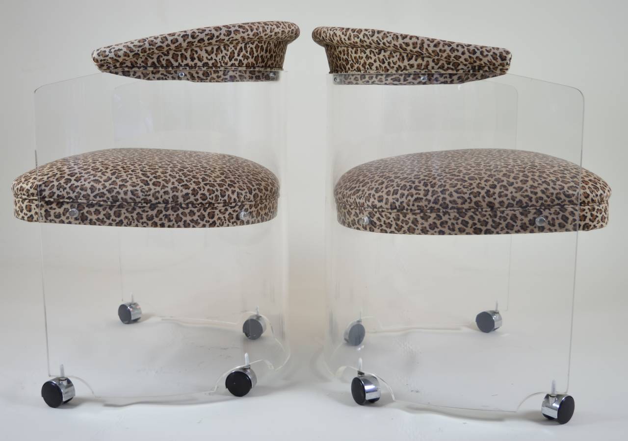 Pair of Lucite Barrel Chairs with Leopard Print Seats
