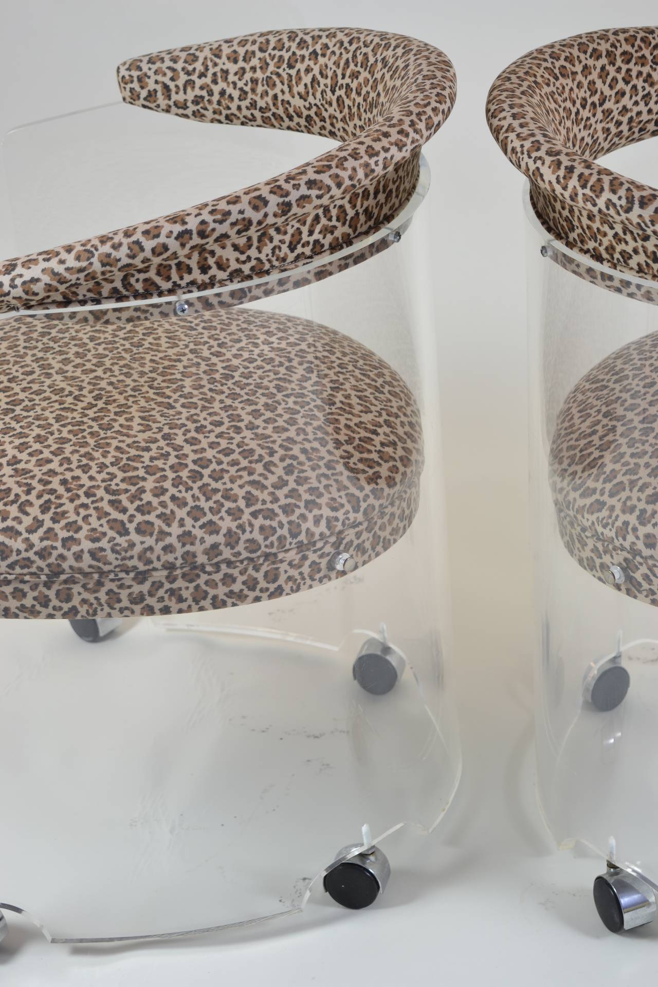 Pair of Lucite Barrel Chairs with Leopard Print Seats In Good Condition In Norwalk, CT