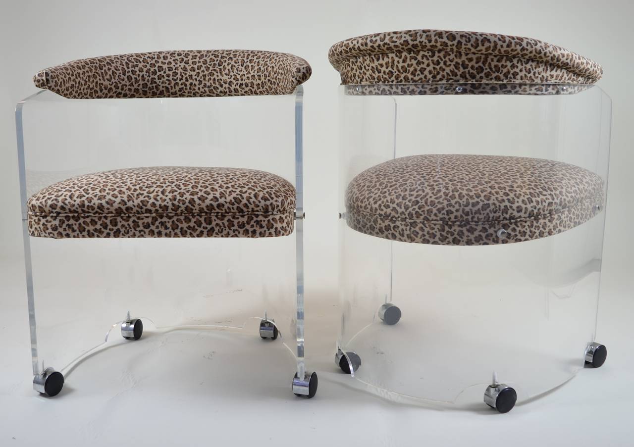 Pair of Lucite Barrel Chairs with Leopard Print Seats 2