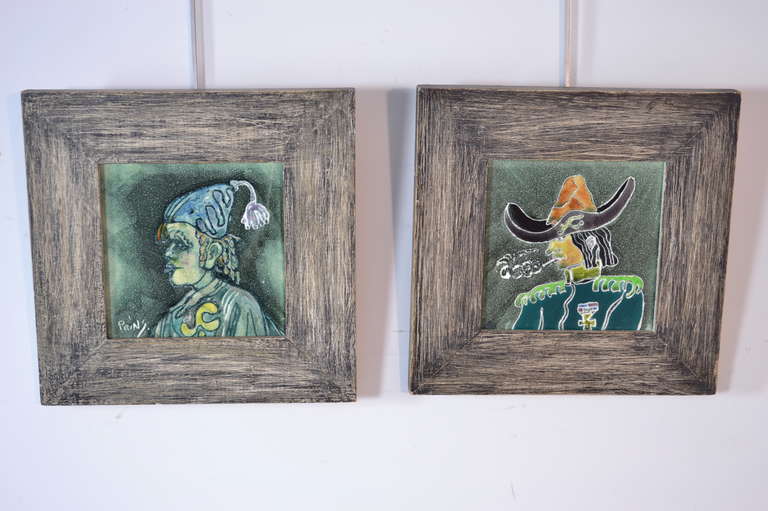 Wonderfully whimsical subjects in exceptional colored and glazed tiles by artist J. Warner Prins (1901 -1987). Framed in handsome cerused wood. Tiles are 6