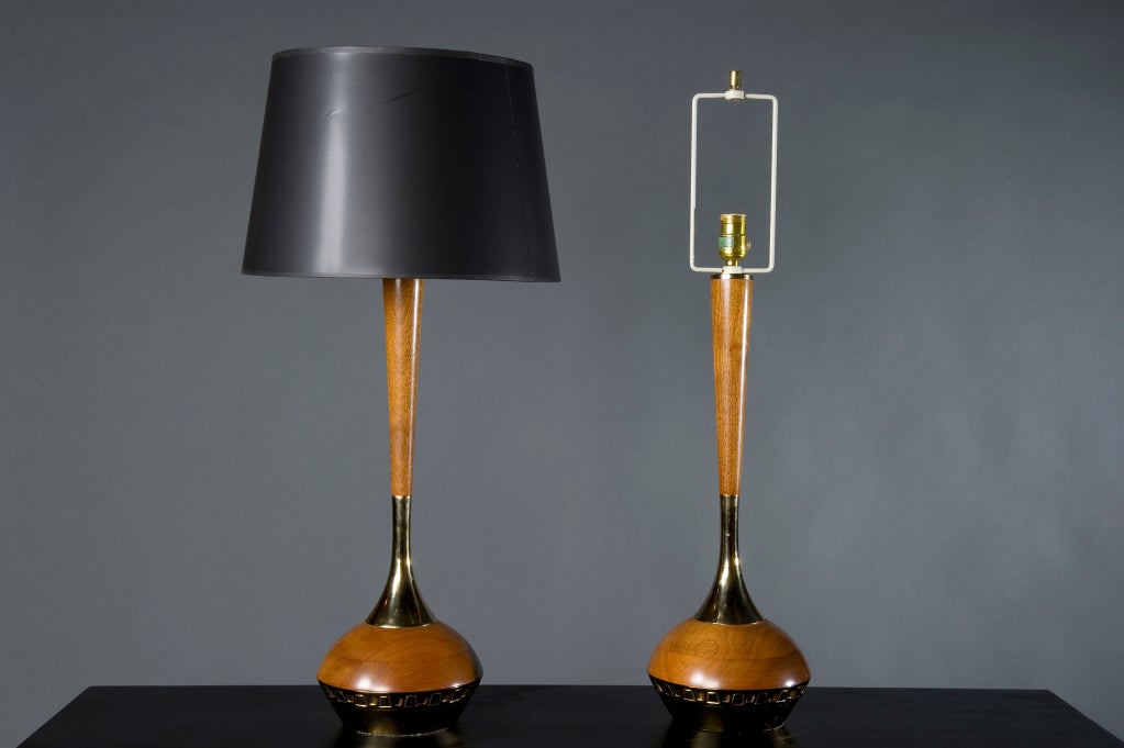 American Pair of Teak and Brass Lamps by Laurel