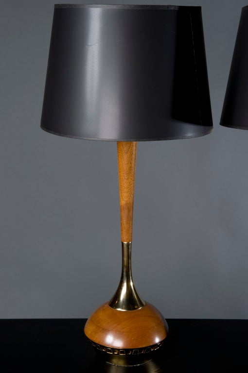 Pair of Teak and Brass Lamps by Laurel 2