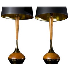 Pair of Teak and Brass Lamps by Laurel