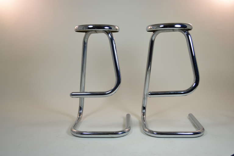 20th Century Pair of Polished Steel Bar Stools