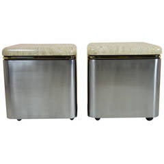 Pair of Custom Steel and Travertine Marble Tables