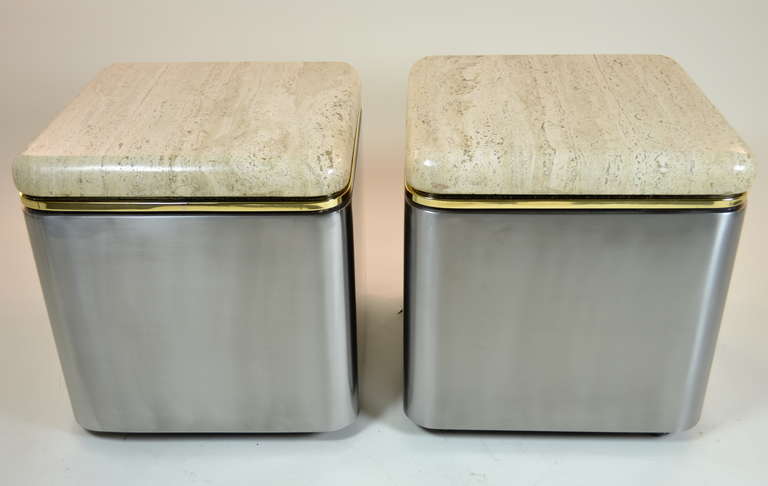 Pair of Custom Steel and Travertine Marble Tables In Excellent Condition In Norwalk, CT