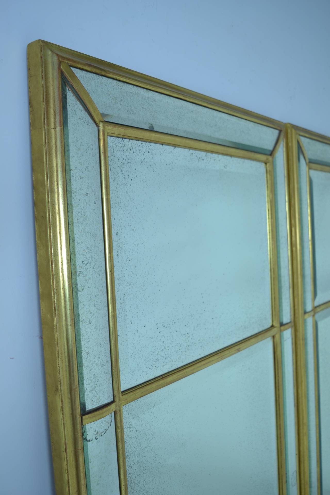 Pair of Water Gilded Trumeau Mirrors with Faceted Surround In Excellent Condition In Norwalk, CT