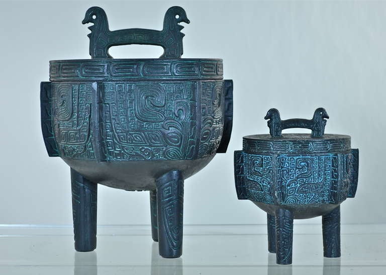 One larger and one unusual small size. Each feature original plastic liner. Engraved in bottom --Made in Taiwan.Verdigris bronze finish. Larger: 12