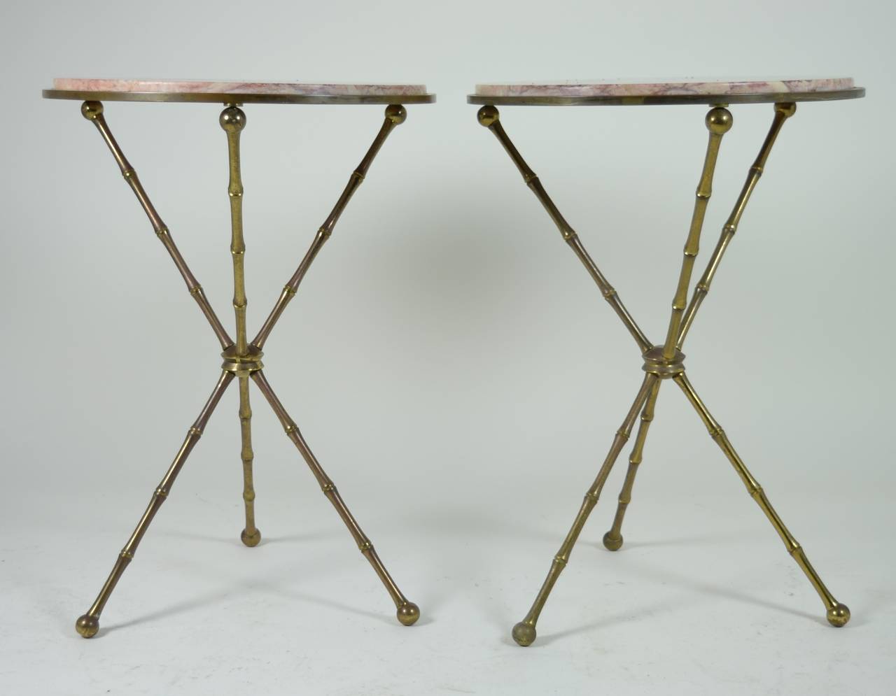 Pair of Brass Faux Bamboo and Marble Gueridon In Excellent Condition In Norwalk, CT