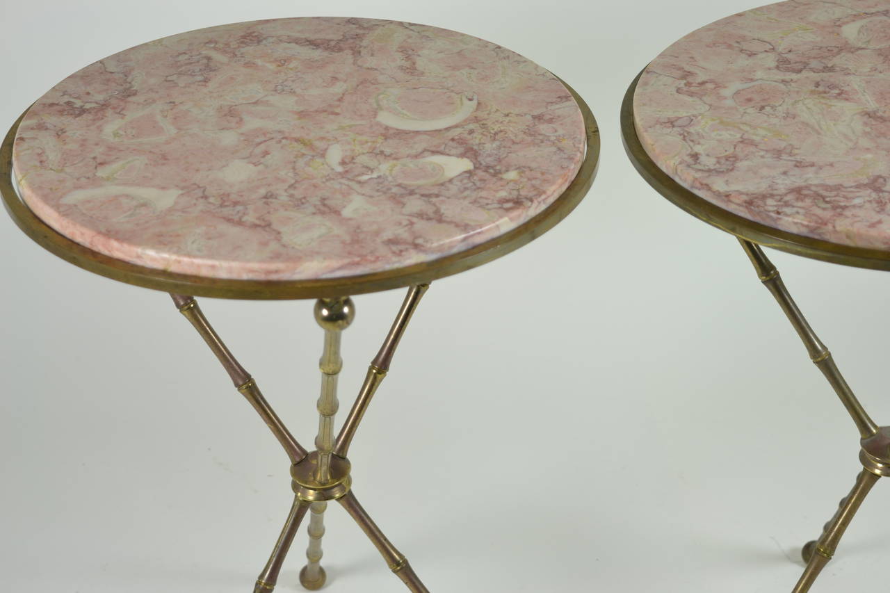 Late 20th Century Pair of Brass Faux Bamboo and Marble Gueridon