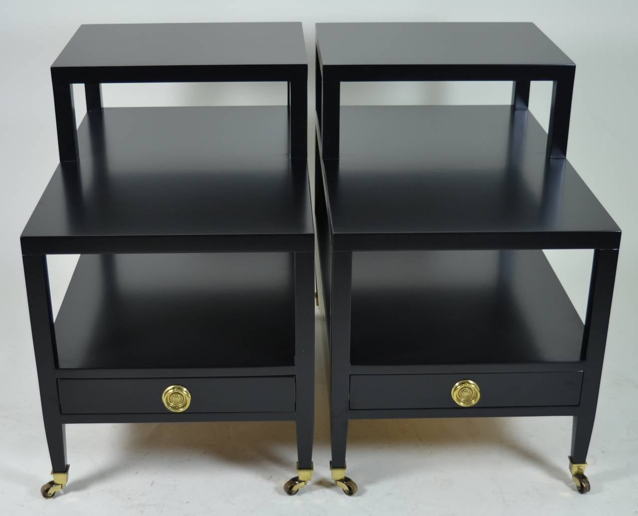 Late 20th Century Pair of Baker Tiered End Tables in Black Lacquer