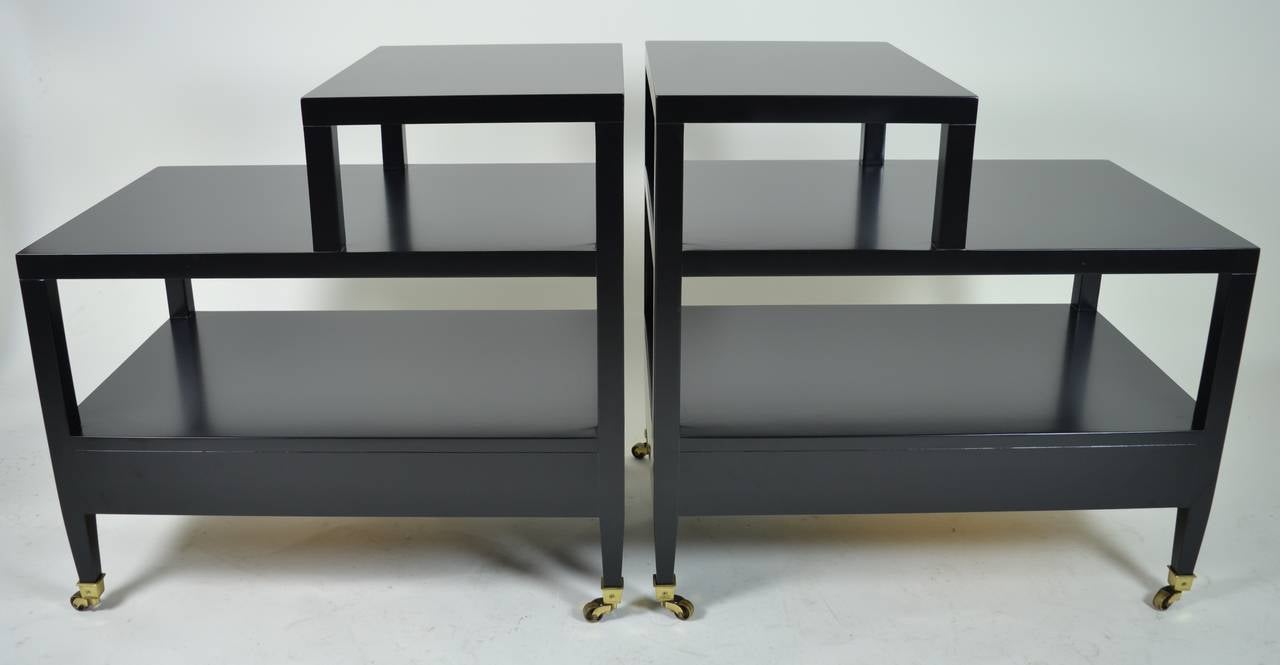 Pair of Baker Tiered End Tables in Black Lacquer In Excellent Condition In Norwalk, CT