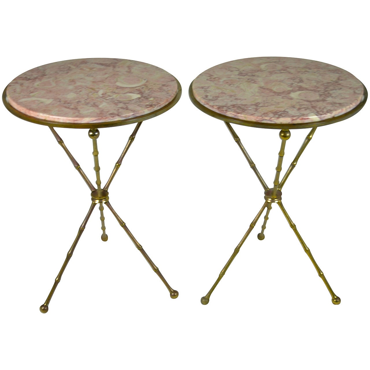 Pair of Brass Faux Bamboo and Marble Gueridon