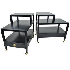 Vintage Pair of Baker Tiered End Tables in Black Lacquer