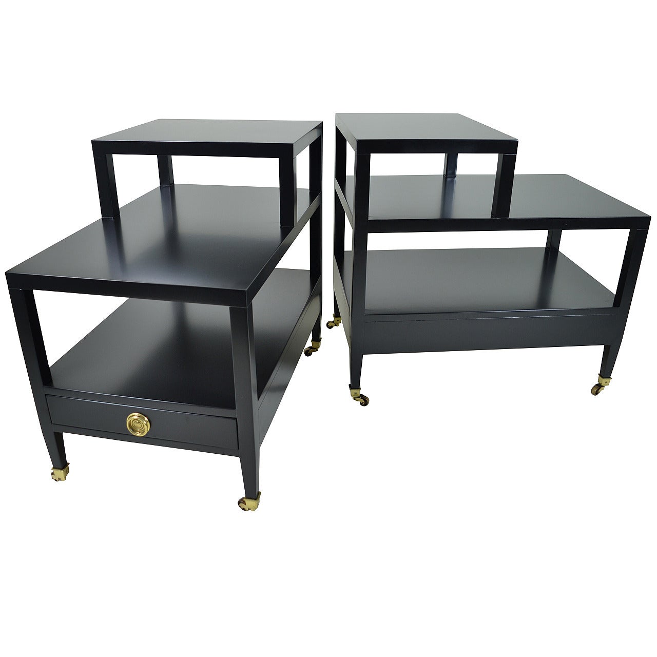 Pair of Baker Tiered End Tables in Black Lacquer