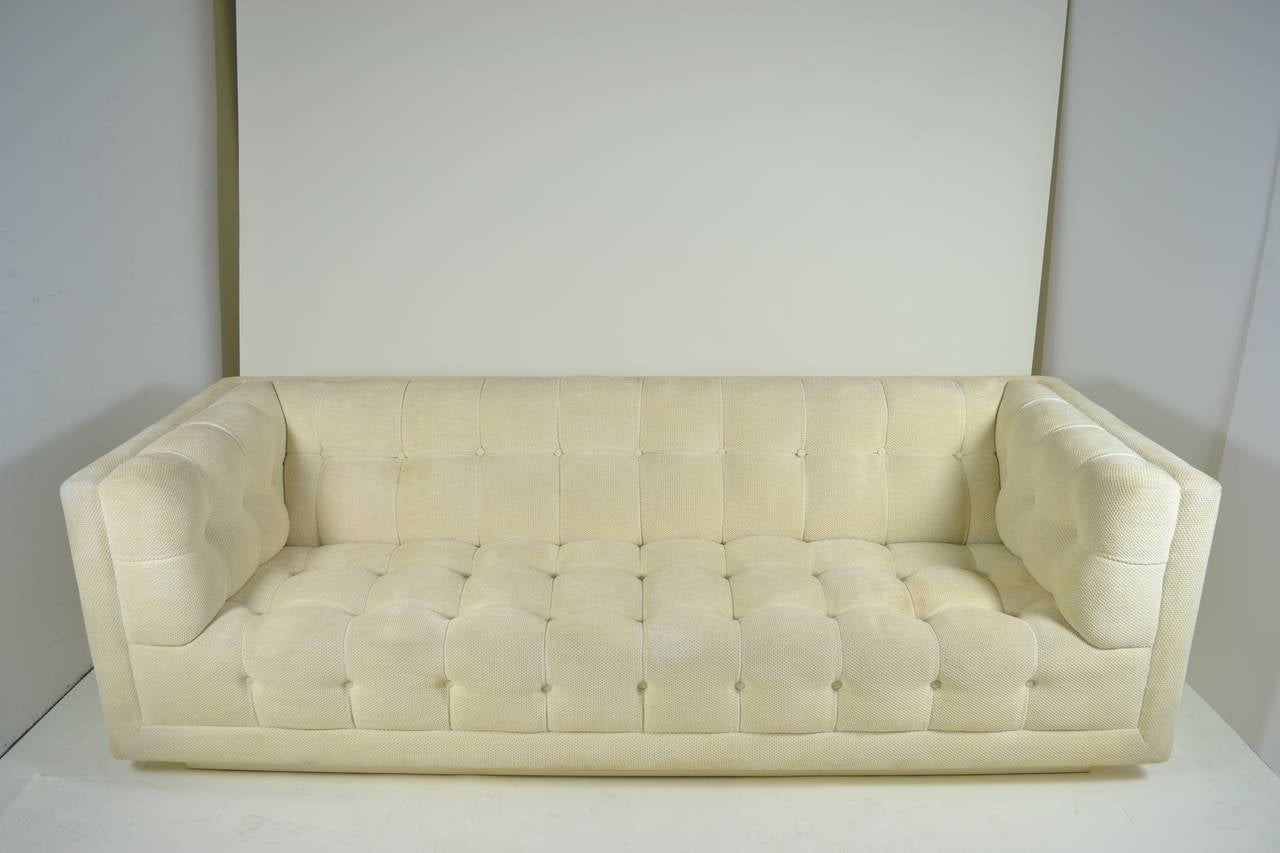 Super quality Chesterfield sofa, from a designer's home where everything was the best. Maker unknown but almost certainly a reputable firm. Very solid. Very comfortable. Sofa was recovered in the 1990s; fabric is serviceable but shows minor signs of