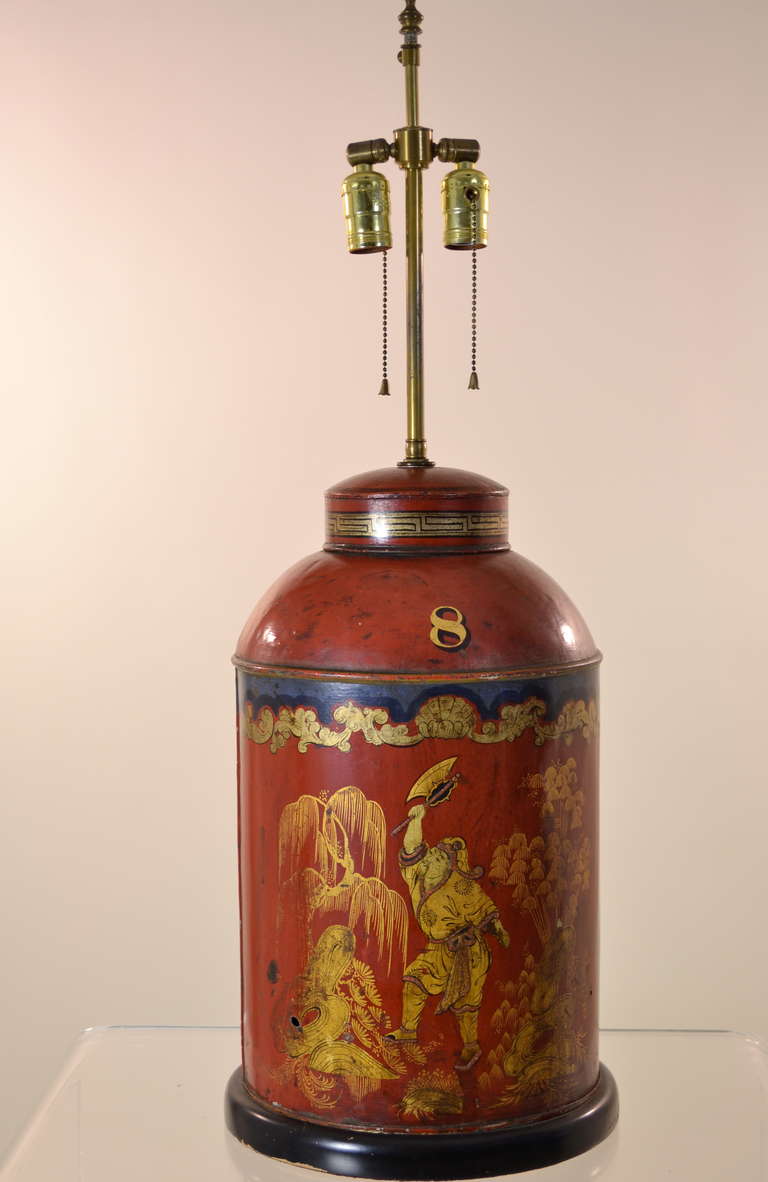 Chinoiserie themed tea canister in Chinese red with gilded decoration. Nice scale; wonderful patina.