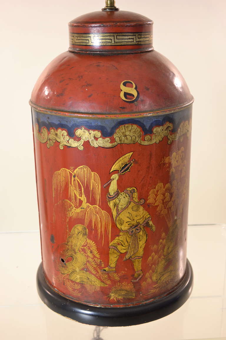 Antique Tole Tea Canister Lamp In Excellent Condition In Norwalk, CT