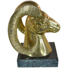 Large Brass Rams Head Sculpture on Marble Base