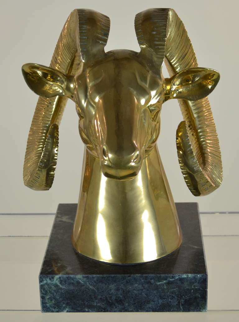 Large Brass Rams Head Sculpture on Marble Base In Excellent Condition In Norwalk, CT