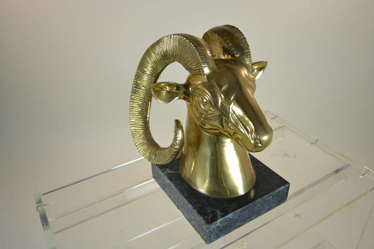 Mid-20th Century Large Brass Rams Head Sculpture on Marble Base