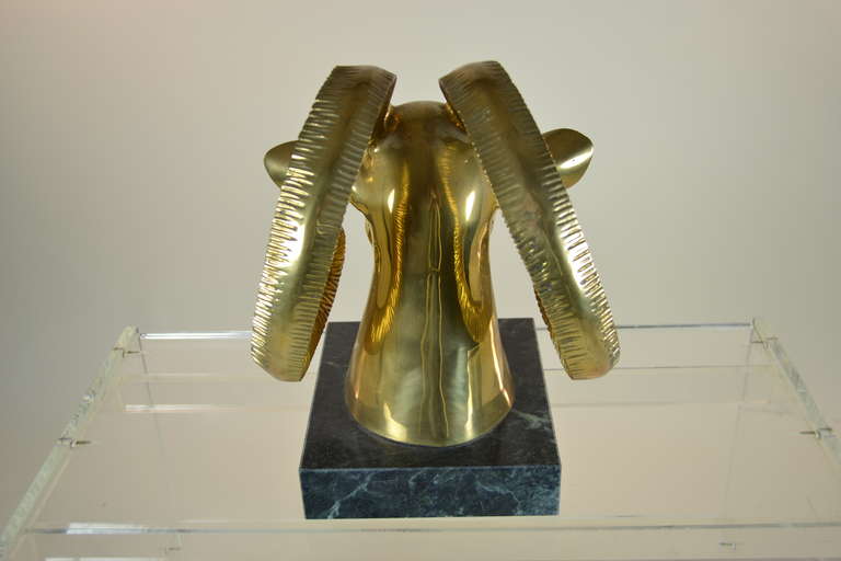 Large Brass Rams Head Sculpture on Marble Base 3