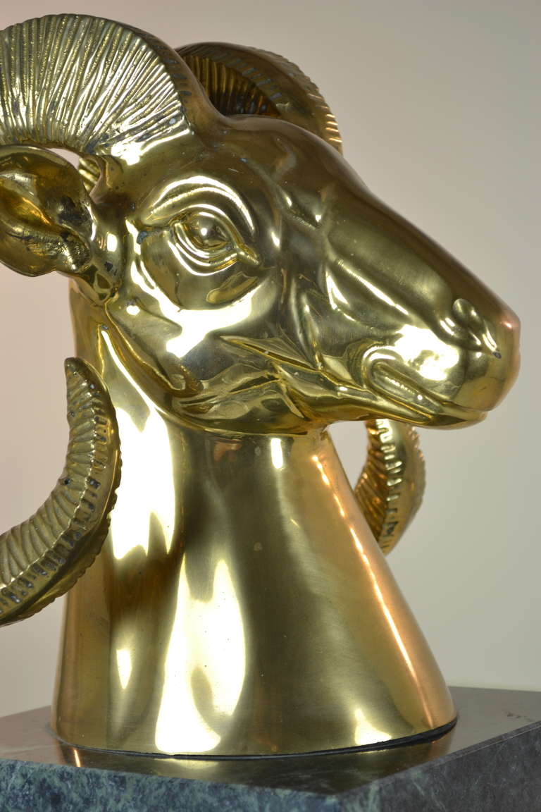Large Brass Rams Head Sculpture on Marble Base 1