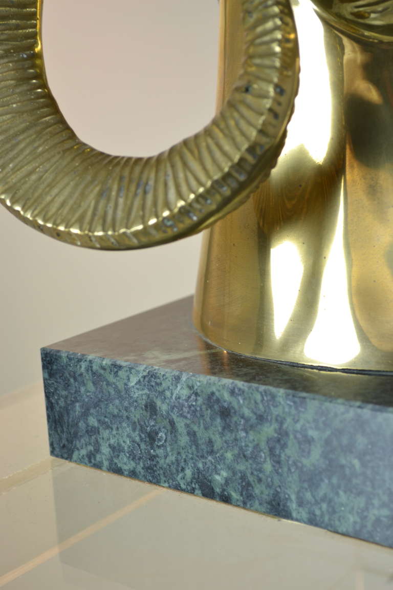 Large Brass Rams Head Sculpture on Marble Base 2