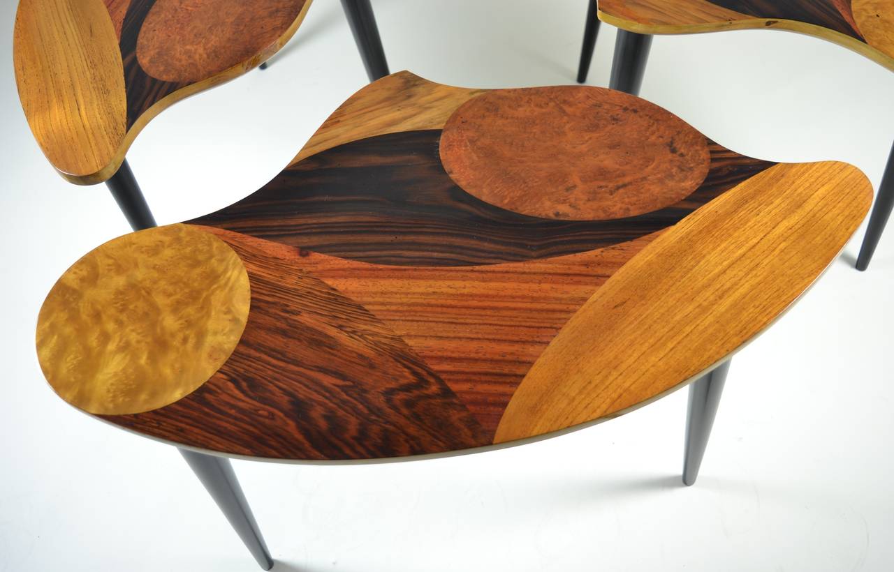 Swedish Modern Three-Part Cocktail Table with Specimen Wood Tops In Good Condition In Norwalk, CT