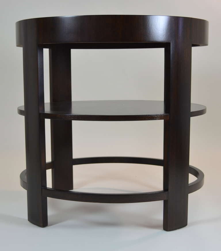 Sleek art deco style lines and a satin coffee stain finish. Pristine condition. Small center table, or nice side table.