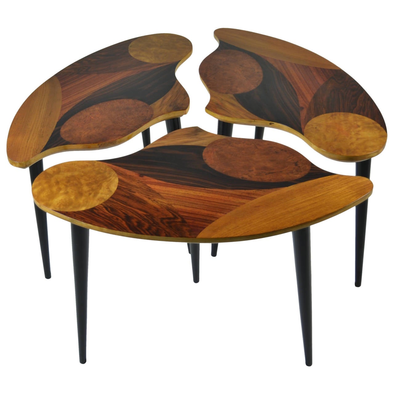 Swedish Modern ThreePart Cocktail Table with Specimen Wood Tops at 1stDibs