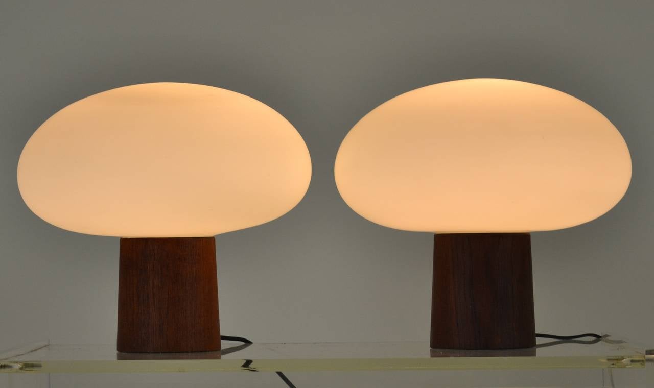 A great pair with original shades. Simple walnut bases. All new wiring. Three way switch. Measure: 13