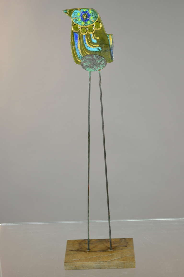 Lusciously enameled copper bird with fantastic personality on long, long legs. Earlier Jere.