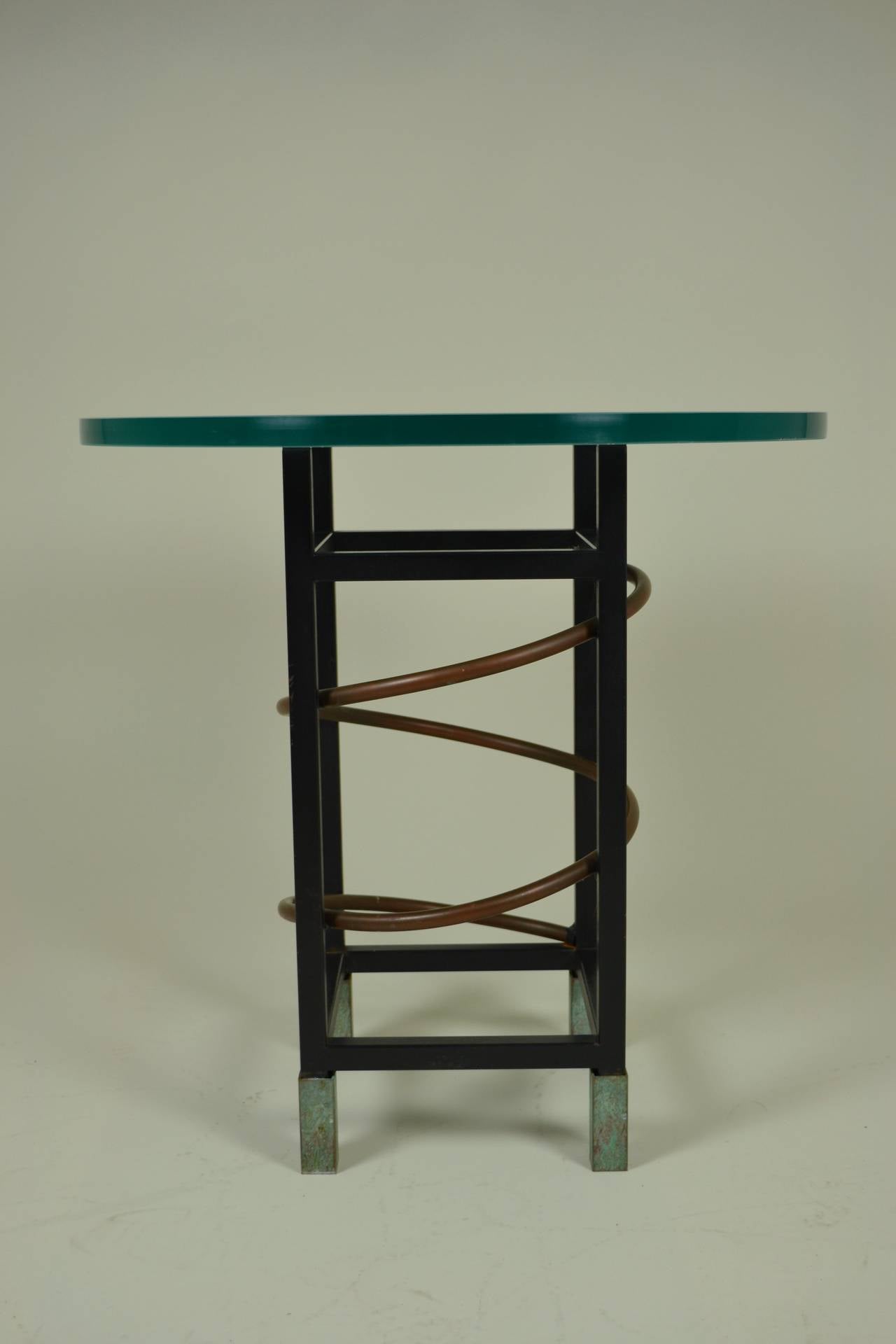Mixed metal sculptural side table designed by James Rosen for Pace Collection.  First presented in a wedding themed window display at Tiffany & Co. in 1986. Named 