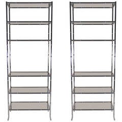 Pair of Chrome Faux Bamboo Étagères with Smoked Glass Shelves