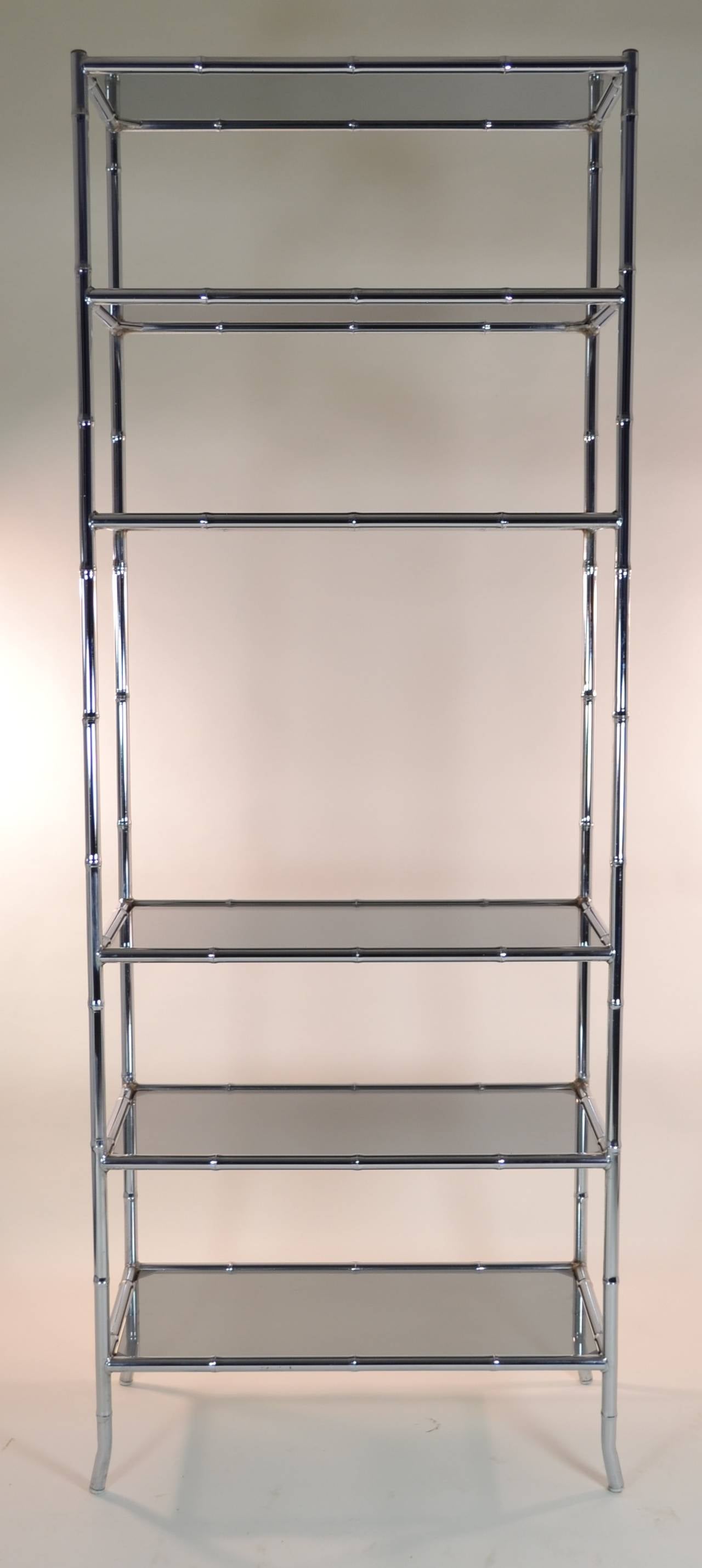 Mid-20th Century Pair of Chrome Faux Bamboo Étagères with Smoked Glass Shelves