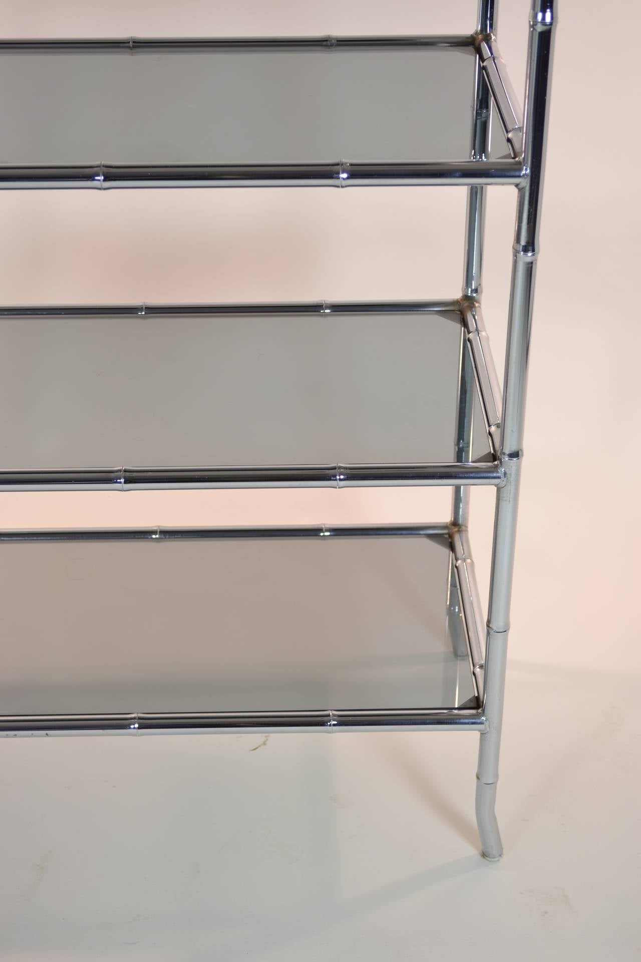 Pair of Chrome Faux Bamboo Étagères with Smoked Glass Shelves In Excellent Condition In Norwalk, CT