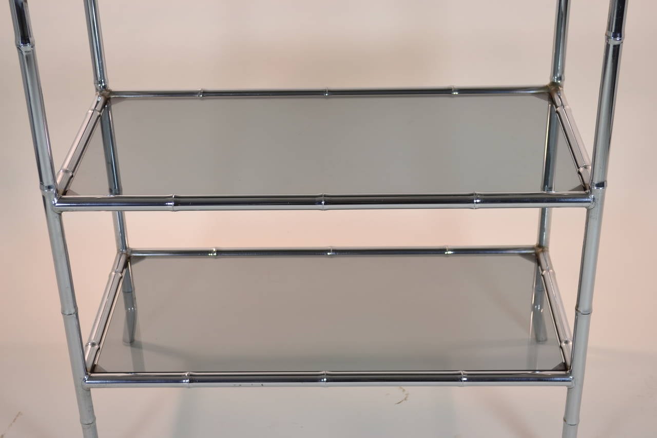 Pair of Chrome Faux Bamboo Étagères with Smoked Glass Shelves 1