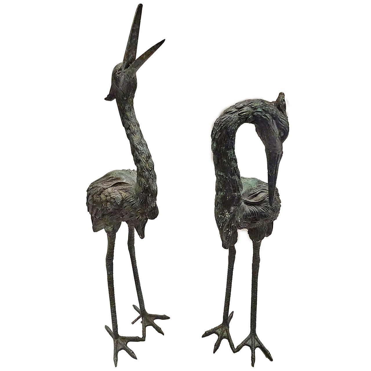 Pair of Bronze Heron Statues