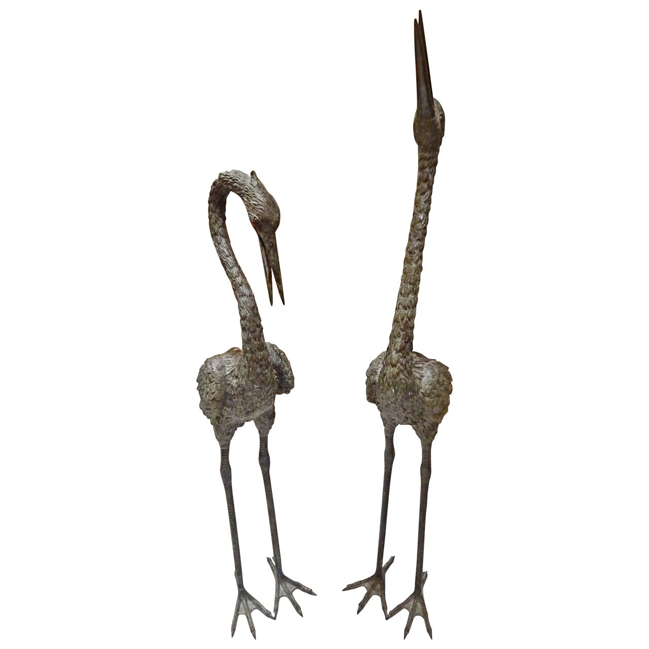 Pair of Bronze Heron Statues