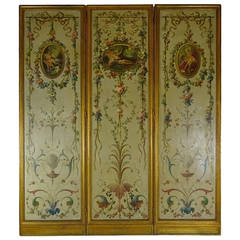 Belle Epoque French Painted Warreau Scene Three Panel Screen Belle Epoque French Painted Warreau Scene Three Panel Screen